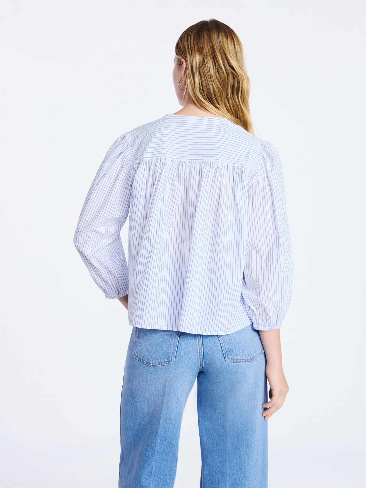 Free Assembly Women's Shirred Cotton Button Down Blouse with Long Sleeves, Sizes XS-XXL
