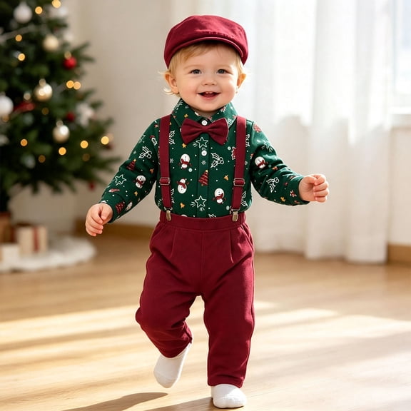 Glisme Chritsmas Outfits For Boys Long Sleeve Round Neck Romper Suspender Pants Cartoon Prints Gentleman Suit Relax Fit Toddler Daily Wear Green