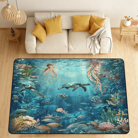 CURLYOOT Sea Turtle Blue Ocean Animal Area Rugs 5 x7 Washable Rug Large Living Room Rug Non Slip Indoor Floor Carpet for Dining Room Bedroom Home
