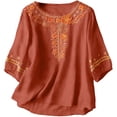 thumbnail image 4 of BODOAO Cotton Linen Tops for Women Retro Embroidered Tops Crew Neck Tops Beach Casual Summer Tops Fashion Outfits Solid Color Shirt Peasant Blouses Office Blouses Business Work Blouses Flowy Shirt, 4 of 8