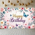 thumbnail image 3 of Floral Design Banner Butterfly Pattern Birthday Display Pink Background Golden Text Floral Backdrop for Birthday Party Girls' Birthday Photo Shoot, 3 of 3