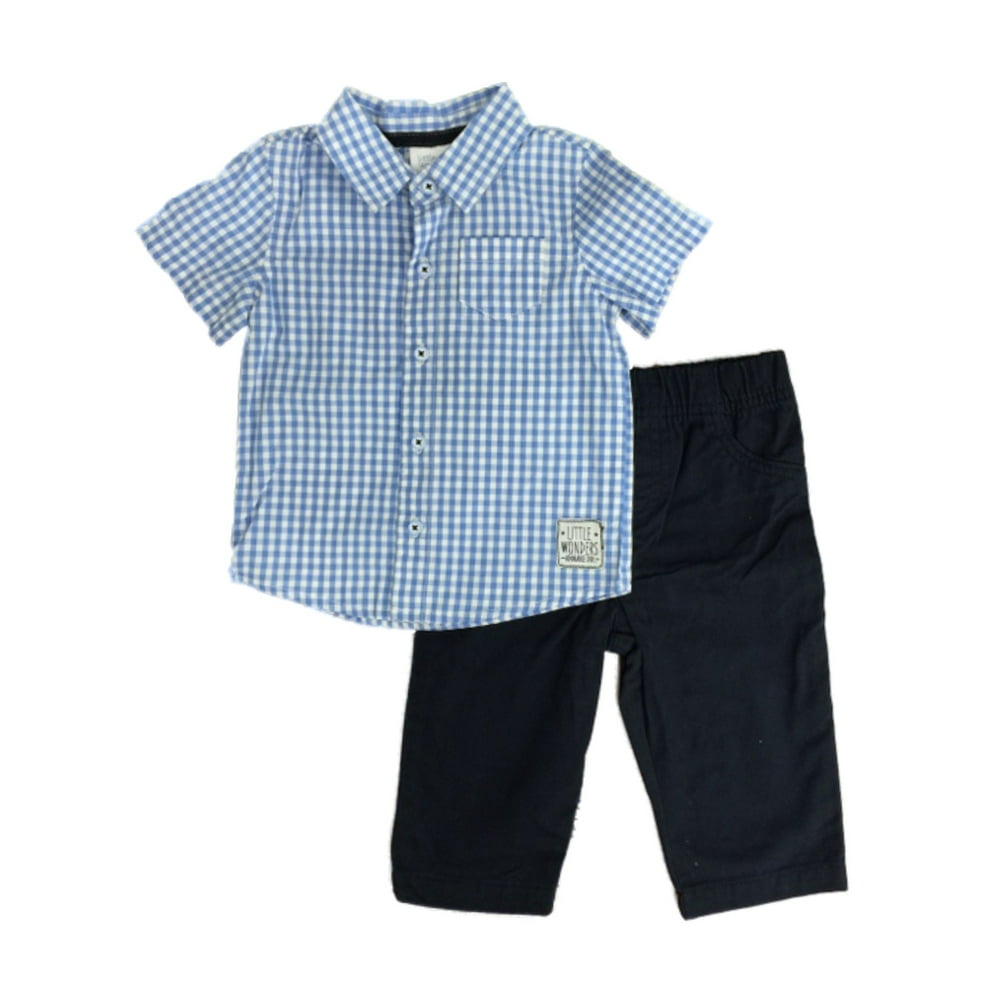 Infant Boys Blue Plaid Baby Outfit Check Button Front Shirt & Khaki