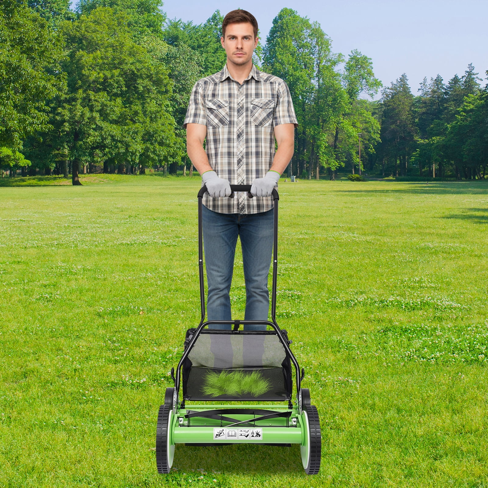 16-Inch 5-Blade Cordless Manual Reel Lawn Mower, Adjustable Cutting/ Handle Height Grass Cutter Green