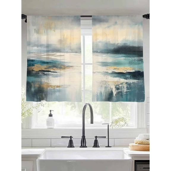 Abstract Turquoise Gold Sheer Curtains for Living Room Bedroom Modern Oil Painting Ocean Sheer Curtains 45 Inch Long 2 Panels Set Light Filtering Curtain Window Treatments Drapes for Dining Room