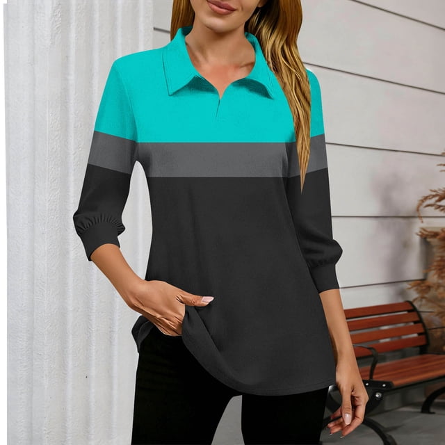 TaTaai 3/4 Sleeve V Neck Top for Women, Slim Fit Printed Fall Blouse, Casual Stretchy Fashion Wear, Elegant Daily Tops Gift