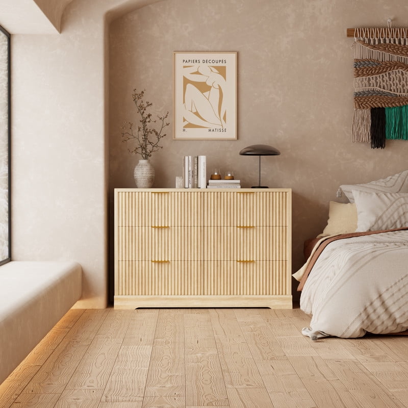 Lacoo 6 Drawer Fluted Dresser, Modern Ribbed Chest of Drawers with Gold Handles, Large Storage Dresser TV Stand for 50" TV