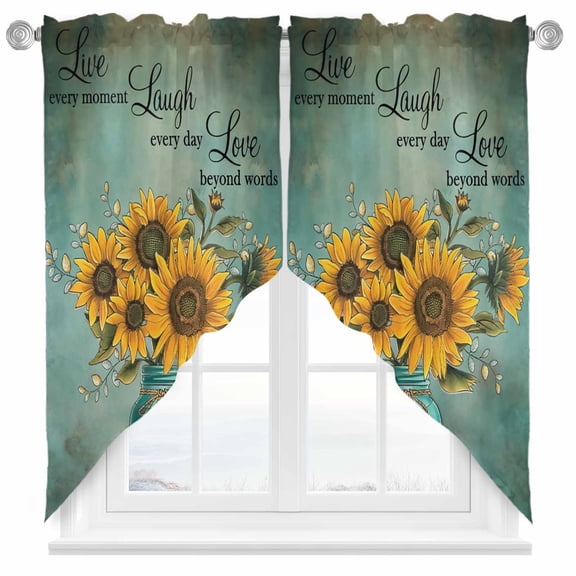 Sunflowers Swag Valances for Windows 2 Pack Laugh Live Love Retro Turquoise Background Swag Kitchen Curtains 36 Inches Long Rod Pocket Short Window Treatment for Kitchen Bathroom 28"x36"