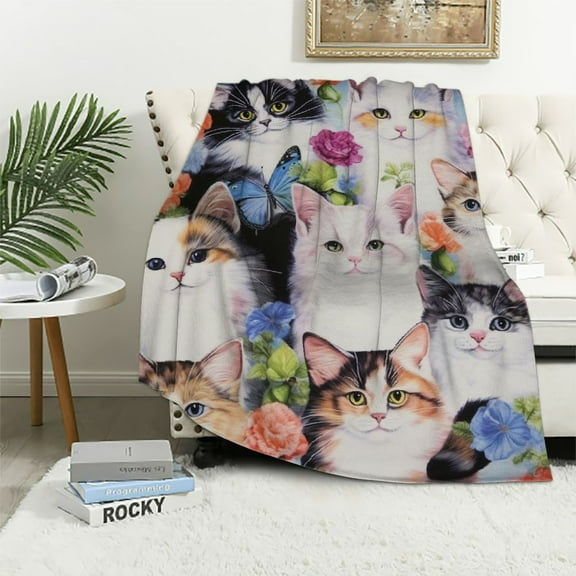 JEUXUS Kawaii Cat Kitten Blanket for Girls Cute Cat Throw Blankets, Soft Plush Flannel Throw Blanket for Cat Lovers Gifts Sofa Living Room Bedroom