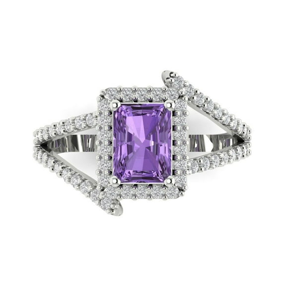 1.935 ctw with Simulated Diamond Halo Accents Anniversary Ring for Women | Emerald Cut Simulated Alexandrite | Hyperallergenic Solid 14K White Gold