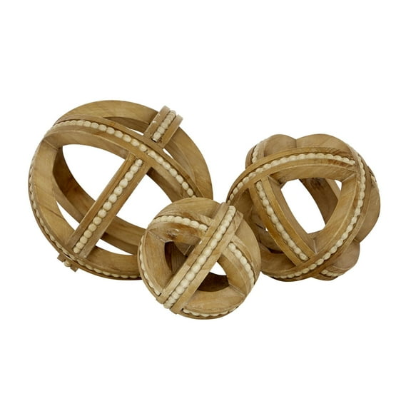 7", 6", 4"H Brown Wood Handmade Beaded Orb Geometric Sculpture, by DecMode (3 Count)