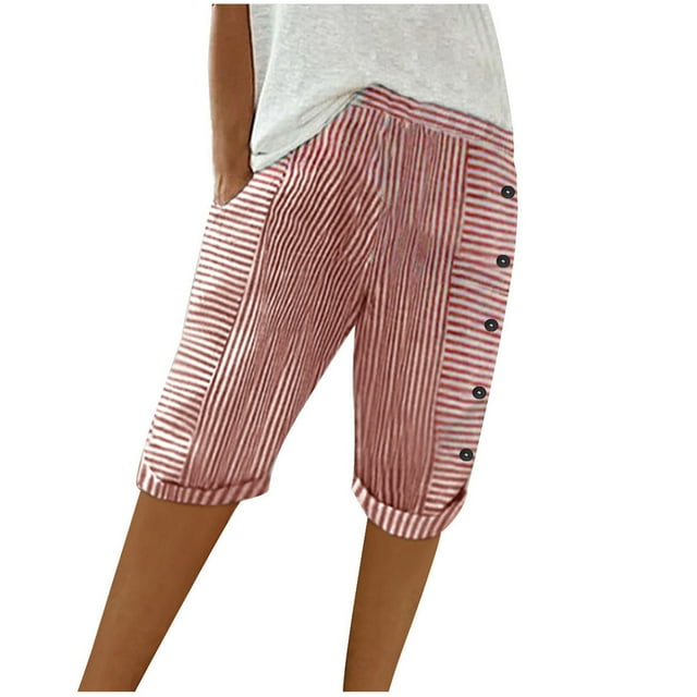 Birdeem Capris Décontractés pour Femmes d'Été Tissés à Rayures Patchwork à Boutons Amples en Coton et Lin