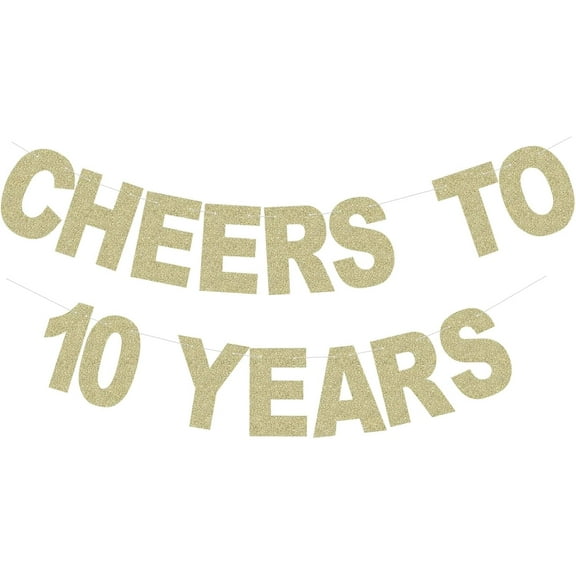 Gold Cheers to 10 Years Banner for 10th Anniversary and Birthday Party Decorations Glitter Paper Backdrops