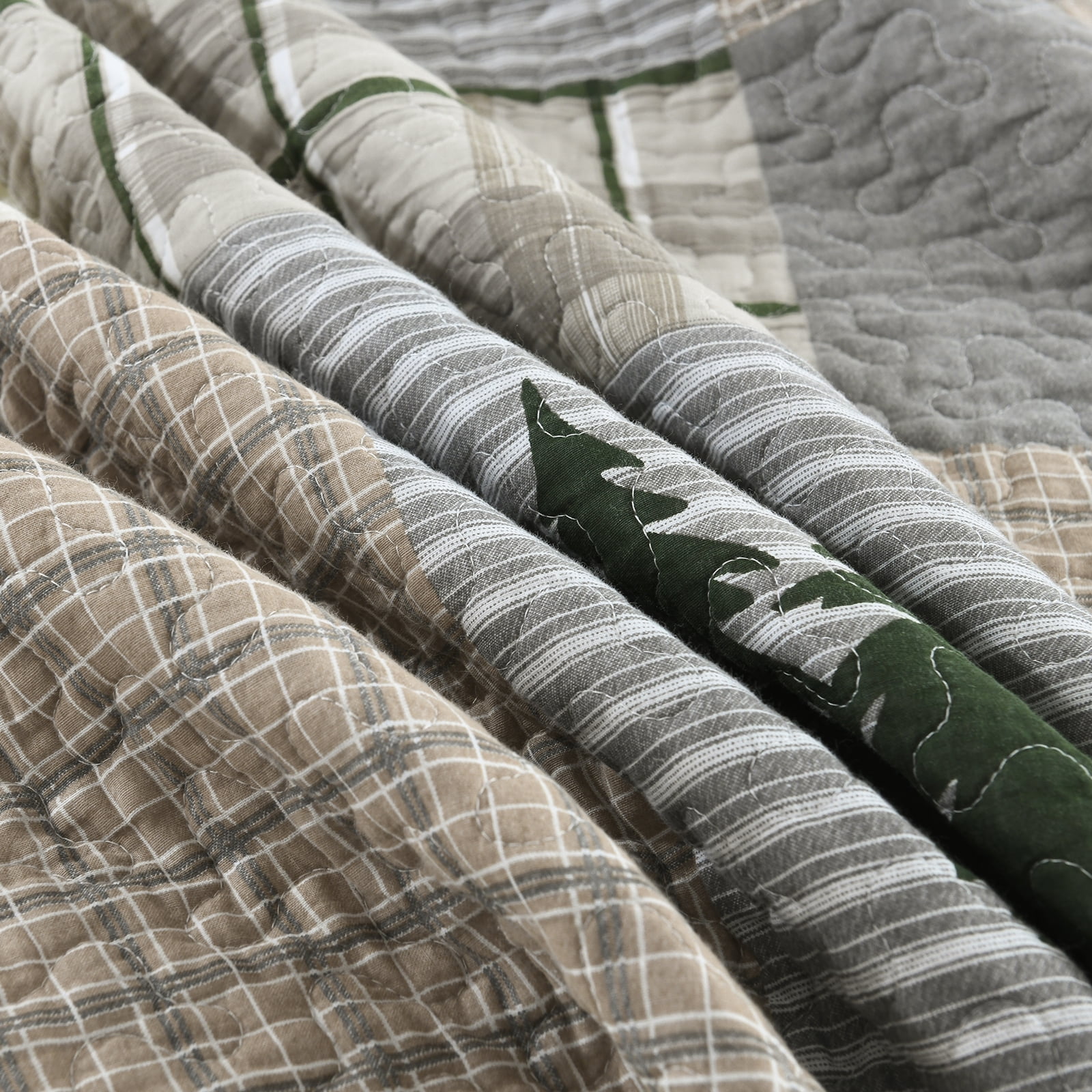 Bedduvit Cotton Quilt for Queen Bed - 100% Cotton Rustic Lightweight Queen Quilt, Brown Gray Patchwork Plaid Quilt Bedspread, Bear & Deer & Tree Farmhouse 3-Piece Quilt Comforter Set, 98x90