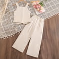 thumbnail image 4 of Girls 2 Piece Outfits Elegant Sleeveless Button Down Suit Elastic Wide Leg Pant Summer Dressy Casual Outfit with Pockets Beige 11-12Years, 4 of 9