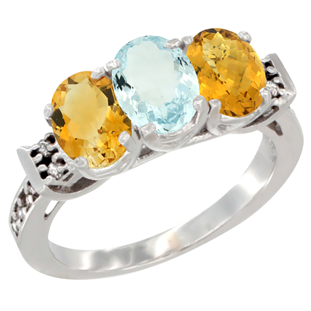 14K White Gold Natural Citrine, Aquamarine & Whisky Quartz Ring 3-Stone 7x5 mm Oval Diamond Accent, sizes 5 10 by WorldJewels
