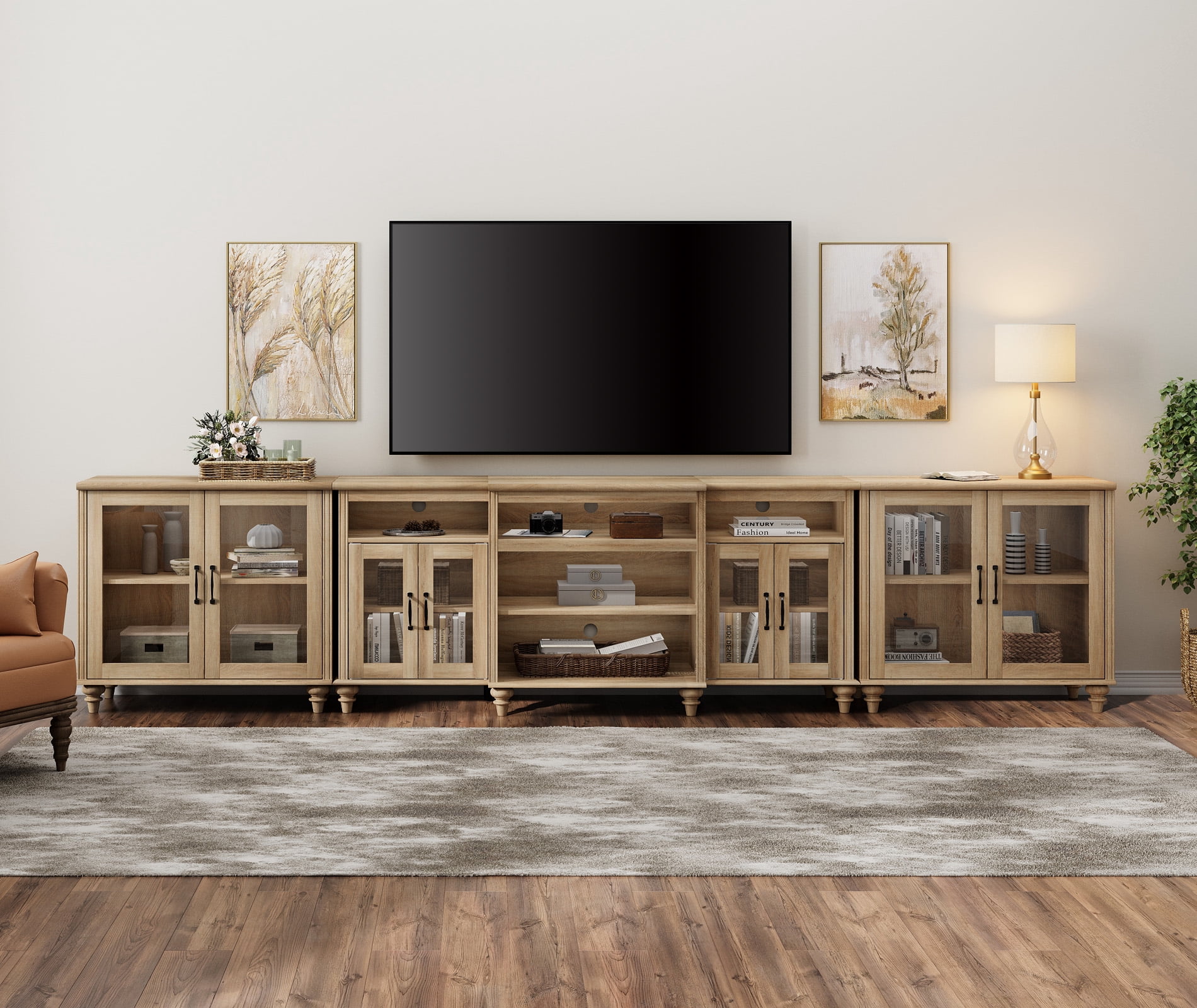 Farmhouse Large TV Stand for TVs Up to 115 inch with Glass Doors, Wood Universal TV Console with Storage Cabinets, Entertainment Center Table for Living Room, Bedroom, Oak