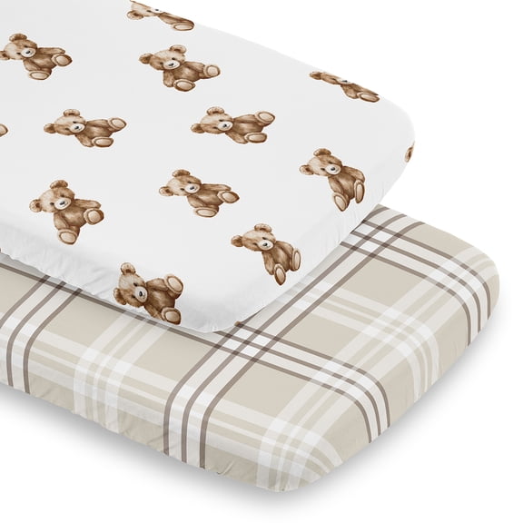Sweet Jojo Designs Boho Teddy Bear & Plaid Boy, Girl, Unisex/Gender Neutral Baby Bassinet Fitted Sheets Set 2 Piece