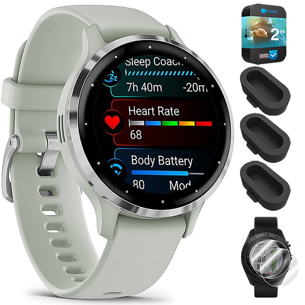 Garmin 010-02785-01 Venu 3S Health Fitness GPS Smartwatch Steel Bezel with Sage Gray Case 41mm Bundle with Dust Cover 3 Pack, 2-Pack Screen Protector and 2 YR CPS Enhanced Protection Pack