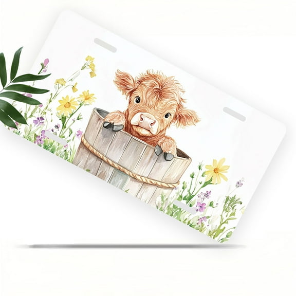 License Plate, Calf in the Flower filled Bucket Decorative Front,Personalized Stainless Steel License Plate Cover For Men Women,12.2" X 6.2"