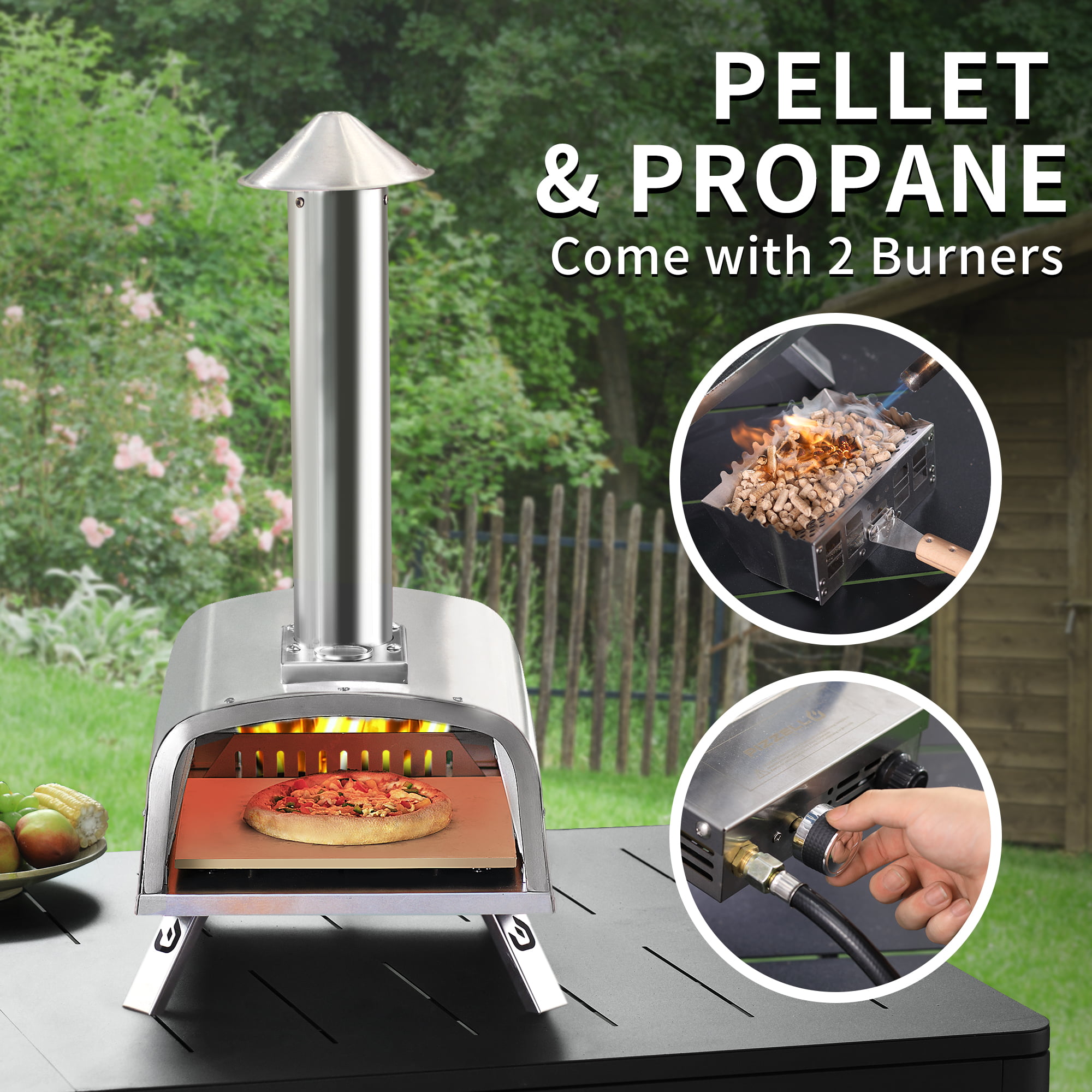 Pizzello Outdoor Pizza Oven Wood Burning for Cooking 2 Pizzas Outside Pizza Maker with Pizza Stone, Pizza Peel, Cover - Black + Silver