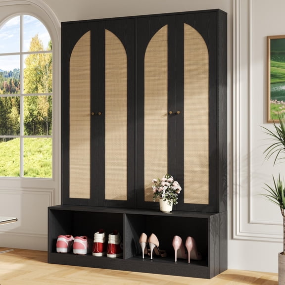LiviNest Farmhouse Entryway Hall Tree: 4-in-1 Seating Bench with Rattan Doors & 6 Hooks - 220LBS Capacity Bench for Entryway Shoe Storage & Organization - Black Bohemian Mid-Century Entry Cabinet