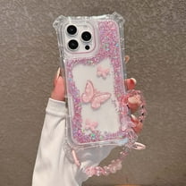 Compatible with iPhone 16 Phone Case,3-in-1 Design,With Cute Beads Wrist Strap,Luxury Bling Glitter Bavck,Resin Butterflies,For Women Girls,Shockproof Transparent Phone Case,Pink