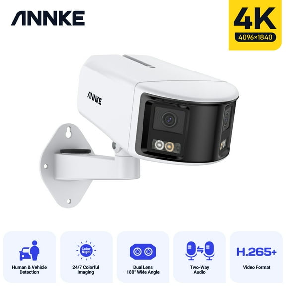 ANNKE Panoramic 4K Color Night Vision PoE Camera, Dual Lens Security IP Bullet Network Camera with AI Detection, Strobe Light and Audible Warning, Built-in MicroSD Card Slot