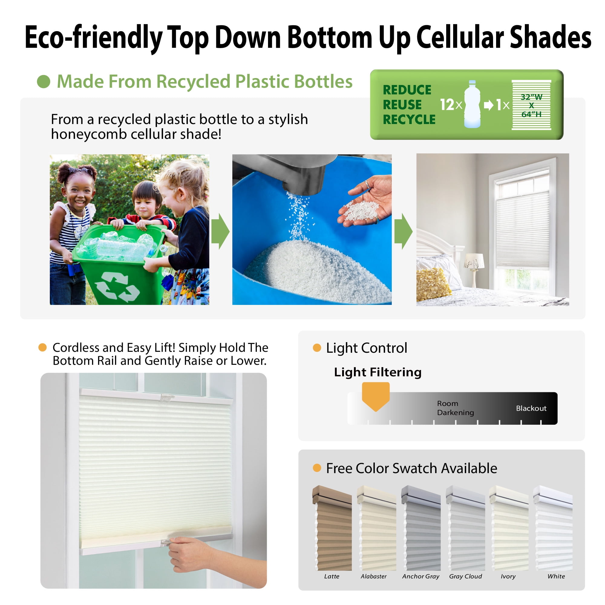 Regal Living Top Down Bottom Up Light Filtering Cordless Cellular Shade, Latte - 34.5" W x 48" L