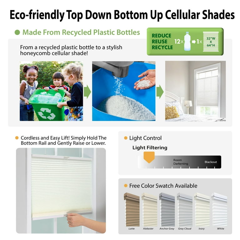 Top Down-Bottom Up Cordless Honeycomb Cellular Shade 30x64 Alabaster