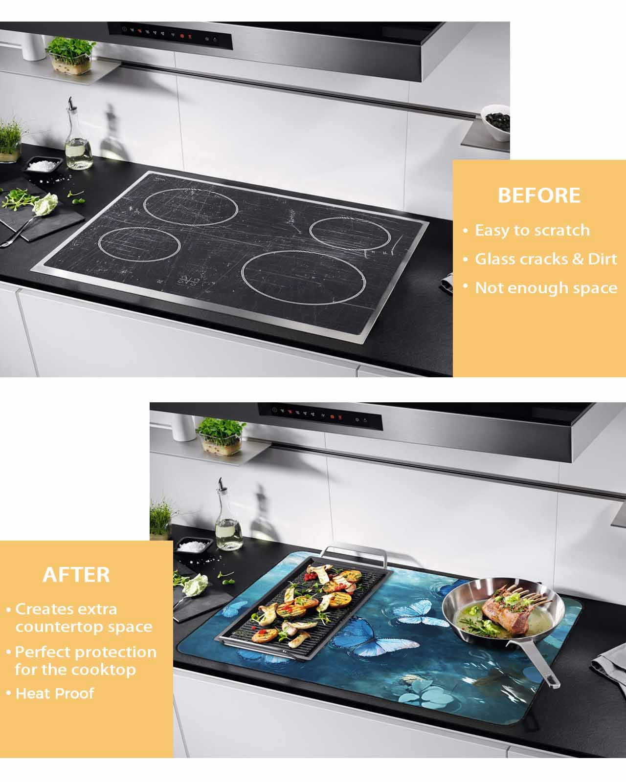 nqOlkjepod Large Induction Cooktop Protector Mat 24"x21", Blue Butterfly Stove Top Covers for Electric Stove, Modern Elegant Water Ripples Decorative Stove Burner Cover Mats, Glass Top Stove Cover
