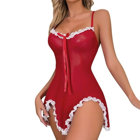 Midwennn Women Sexy Lace Deep V Lace Splice Lingerie Backless Pajamas Nightdress Dresses Satin Chemise Lingerie for Women plus Size