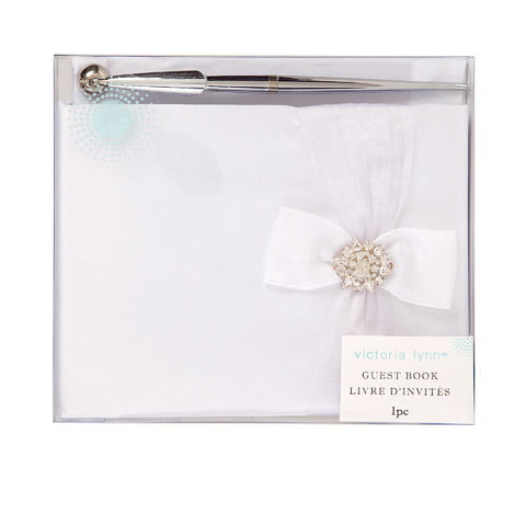 GUEST BOOK AND PEN SET WITH FLORAL PATTERN & RHINESTONE FLOWER BY VICTORIA LYNN 
