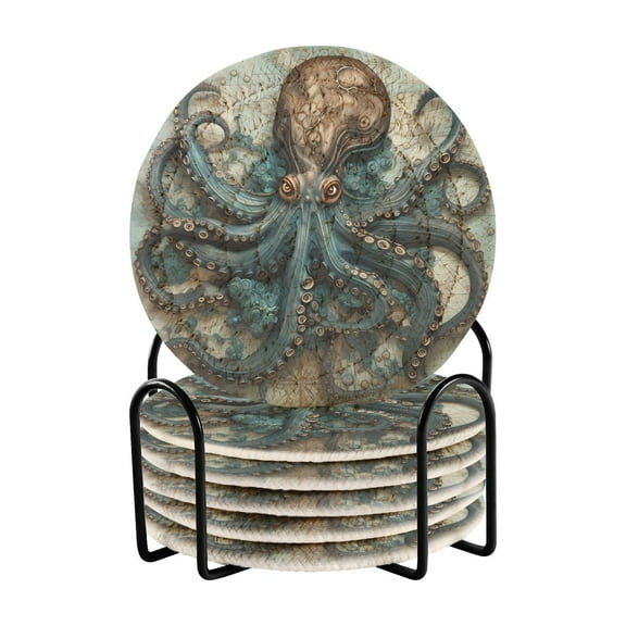 Octopus Map 6 Pcs Drink Coasters with Holder Absorbent Coasters Woven Coasters for Drinks Table Desk Protection Home Decor