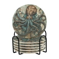Octopus Map 6 Pcs Drink Coasters with Holder Absorbent Coasters Woven Coasters for Drinks Table Desk Protection Home Decor