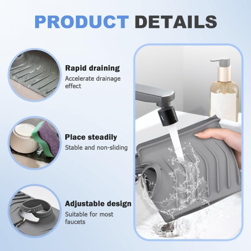 Kitchen Foldable Sink Faucet Mat, 30in Silicone Faucet Guard & Draining Mat Keep Countertops Dry Splash Guard Gray
