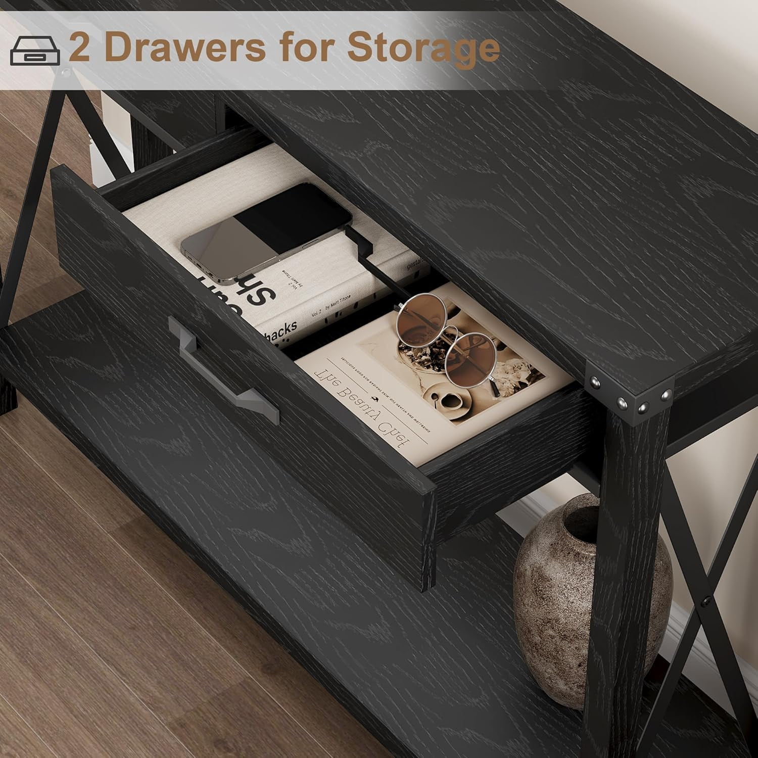 43" Farmhouse Entryway Table, Rustic 2-Tier Wood Console Table with Shelf, Sofa Table for Living Room, Hallway, or Foyer, Black