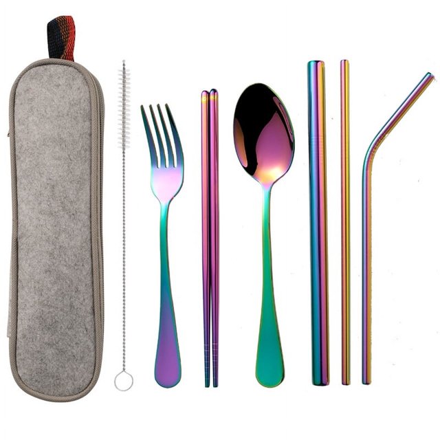 Combinación de vajilla portátil de acero inoxidable 1010 con revestimiento de titanio, cuchillo, tenedor, cuchara, palillos y pajita