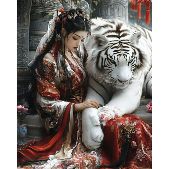 Latch Hook Pillow Kits Girl And White Tiger 17X17Inch Diy Handmade Crochet Yarn Needlework Hook And Latch Kit Printed Canvas Carpet Cushion Cover Home Christmas Decoration