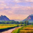 thumbnail image 1 of Two Mountains at Sunrise With A River and Rice Field Painting II - 12" x 12" Art Print, 1 of 1