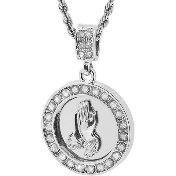 Silver Tone Round Praying Hands Pendant with 24" Rope Chain
