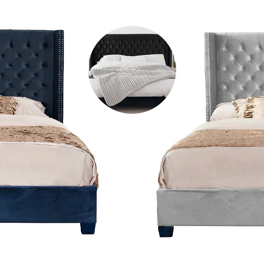 Nathaniel Home, Queen Beds, Upholstered Platform Bed Frame, Low Profile Deep Button Tufting Bed Frames, with Diamond Nailhead Trim Wingback Headboard, Blue