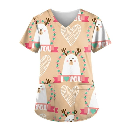 

XHJUN Womens Scrub Tops Stretchy Heart Print Valentines Day Fun Scrubs Cartoon Print Casual V-Neck Nurse Trendy Scrubs Yellow XXXXL
