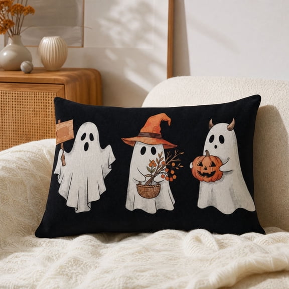 Halloween Ghost Throw Pillow 12x20in Black, Lumbar Cushion Case with Spooky Digital Print for Sofa Bed Decor