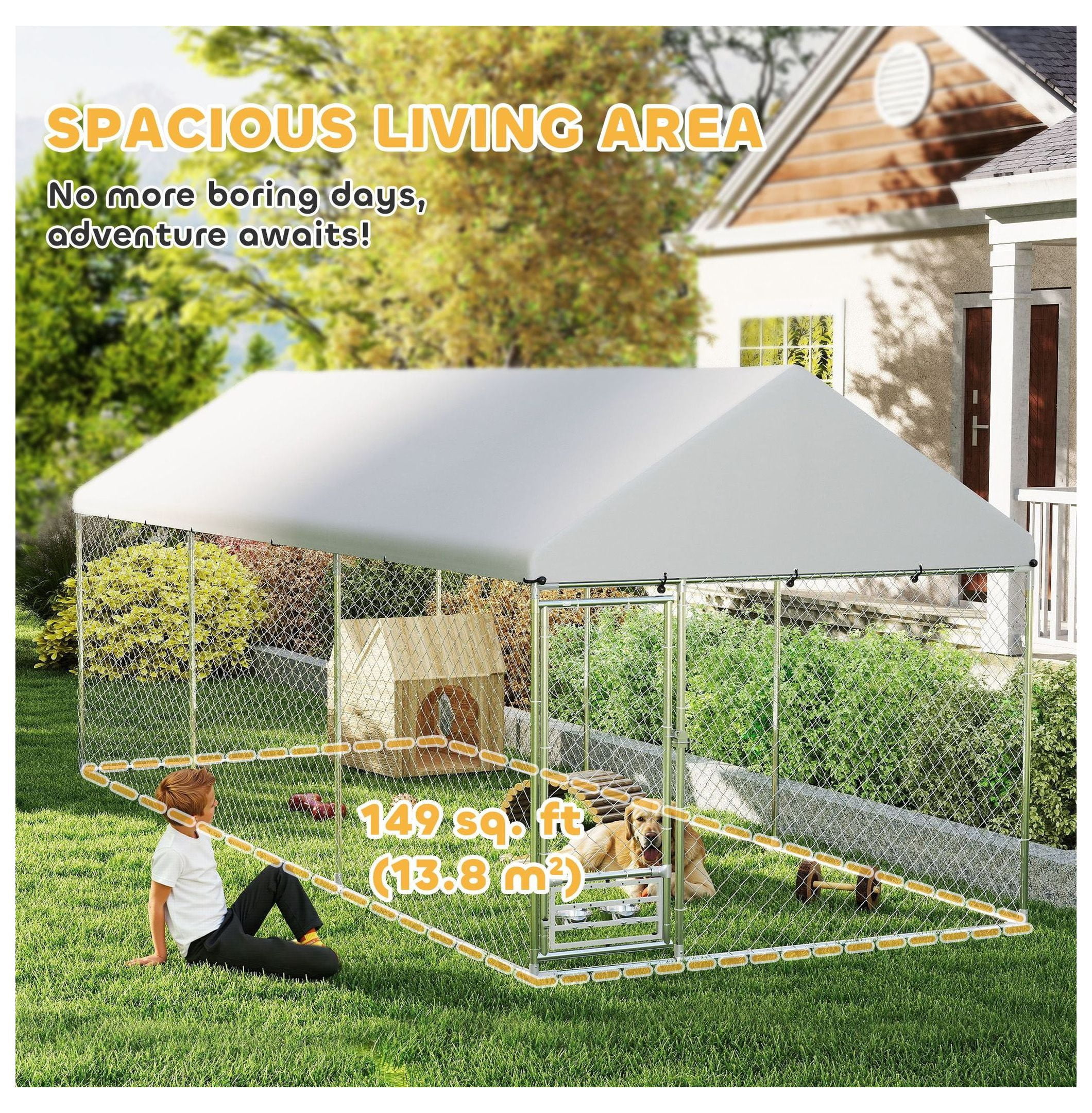 Outdoor Dog Kennel Large, 19.7' x 7.5' x 7.5' - Waterproof Run w/ Adjustable Bowl Rack & Secure Lock