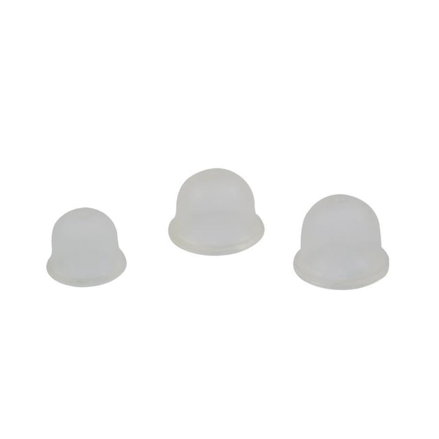 2-Cycle/4-Cycle Engine Primer Bulbs - 3-Pack with three translucent flexible primer bulbs of varying sizes on a white background, designed for small engine maintenance and carburetor replacement, compatible with Zama and Walbro carburetors and replacing multiple OEM part numbers.