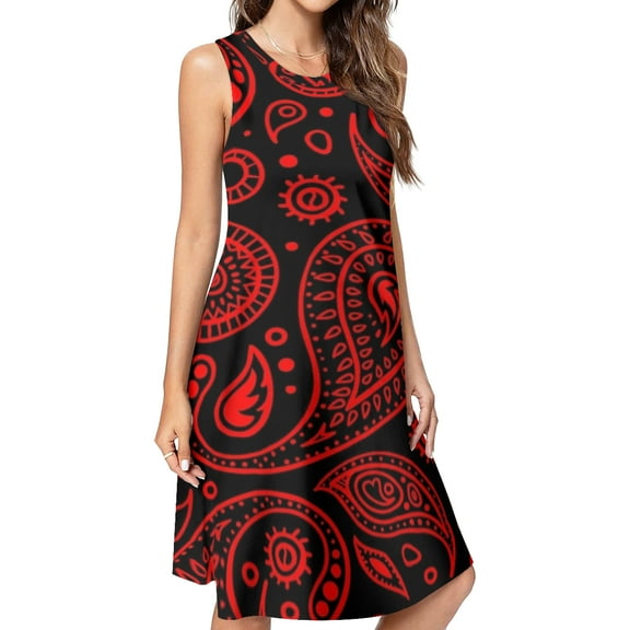 Paisley Pattern Red on Black Background Bandana Spring Summer Dresses for Women Fashion T-shirt Dress Casual Sleeveless Loose Sundress with Pockets