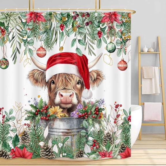 Christmas Highland Cow Shower Curtain, Winter Farmhouse Funny Animals Cute Cow Bath Curtain, Xmas Ball Pine Tree Bathroom Accessories Botanical for Bathroom Curtain Set with Hooks, 72X72in