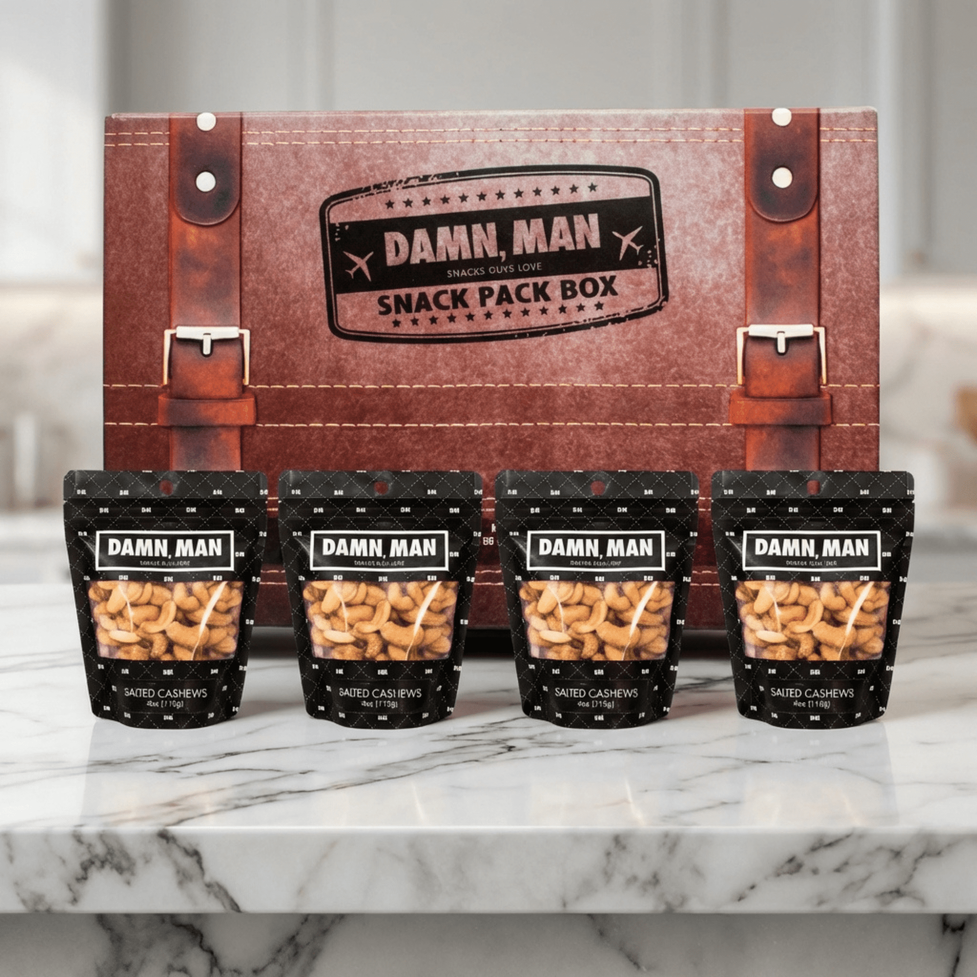 Damn, Man Salted Cashews Snack Pack Gift Box - 4 Bags of Gourmet Roasted Nuts - 1 lb Total