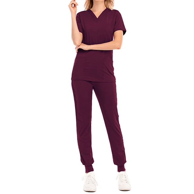 Conjunto médico de manga corta para mujer, casual, liso, con cuello en V, blusas y pantalones jogger