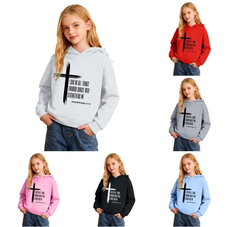 SONXAHE Little Girls Cross Verse Print Hoodie Long Sleeve Text Graphic Hooded Sweatshirts Casual Hoody Sweatshirt White